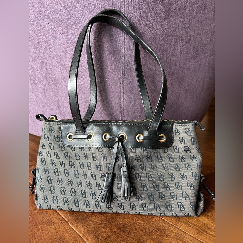 Dooney & Bourke Dark Blue Signature Textile & Black Leather Shoulder Bag